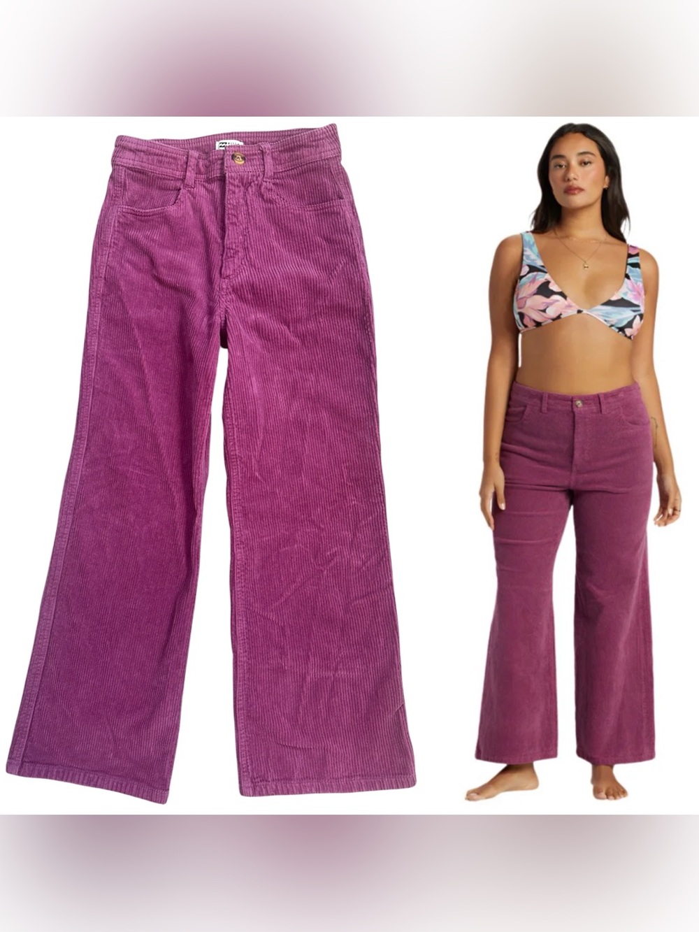 Billabong Be Free Berry Purple Boho Corduroy Wide Leg Pants Size 25